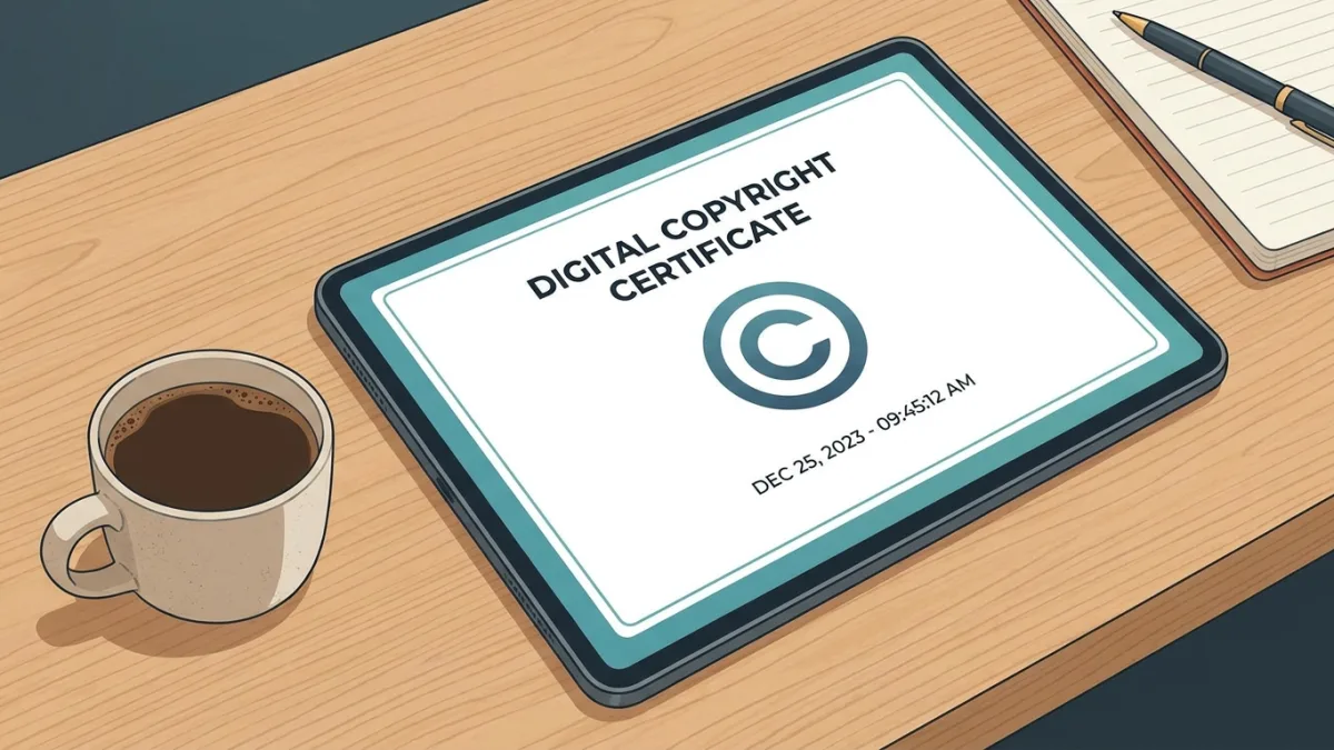 A close-up of a tablet showing a digital copyright certificate with a timestamp, resting on a clean wooden desk next to a cup of coffee