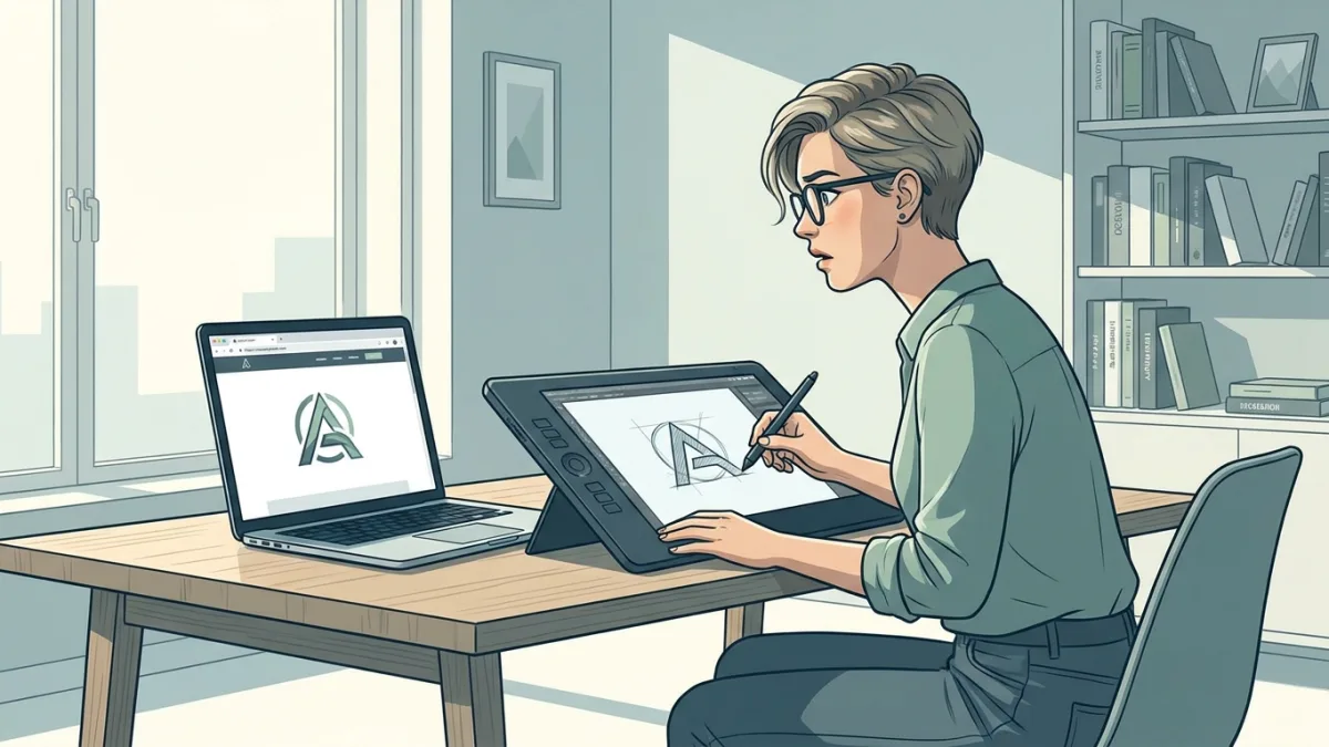 Graphic designer working on a tablet, discovering a stolen design on a laptop screen