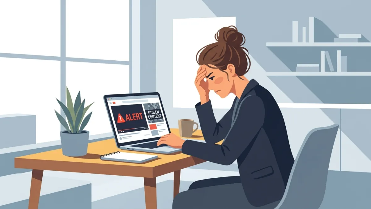 creator looking stressed at laptop finding stolen video