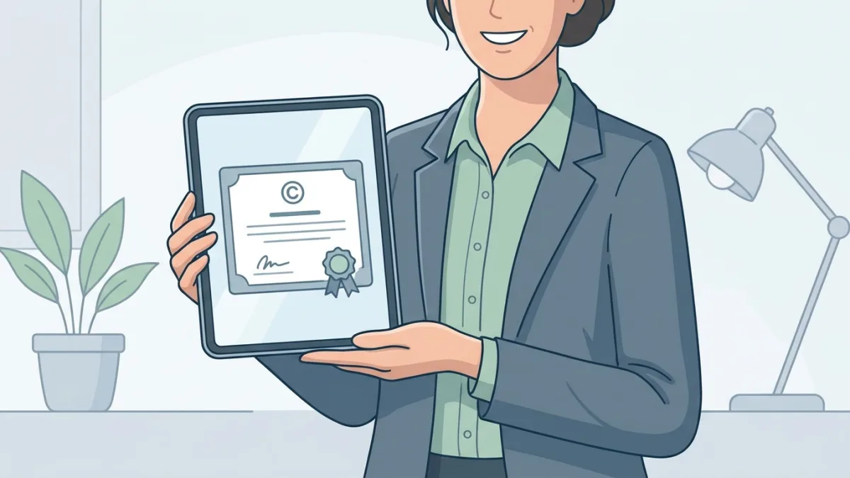 person smiling holding a digital certificate of copyright on a tablet