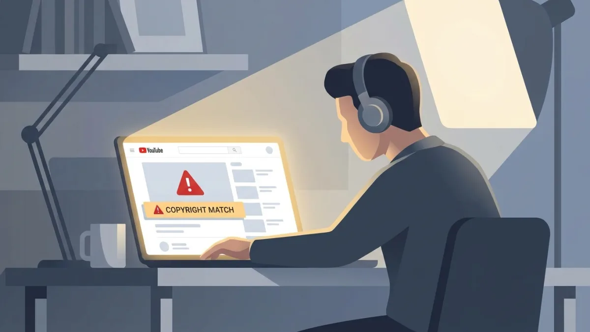 A content creator looking at a laptop screen showing a copyright match alert on YouTube, modern studio lighting