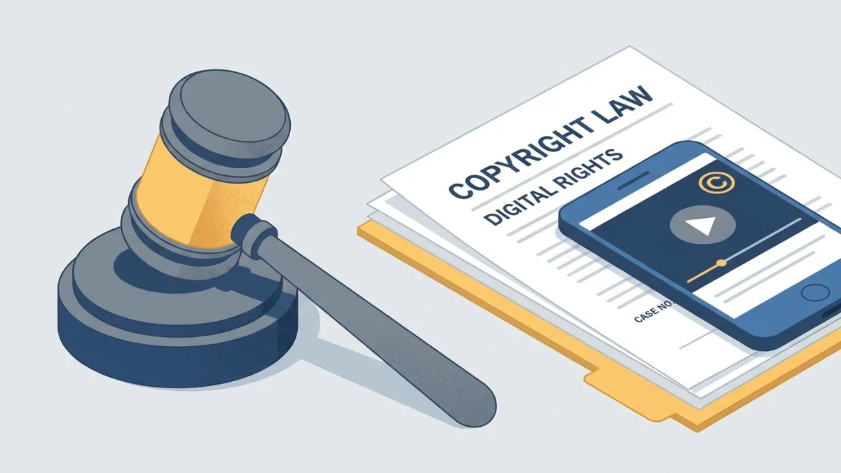 Gavel and legal documents next to a smartphone displaying a video player, representing digital copyright law