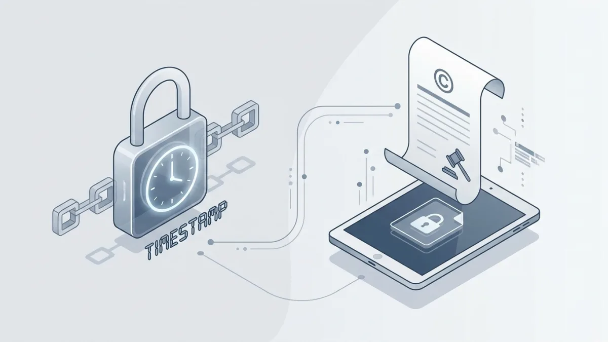 legal copyright document and digital timestamp concept