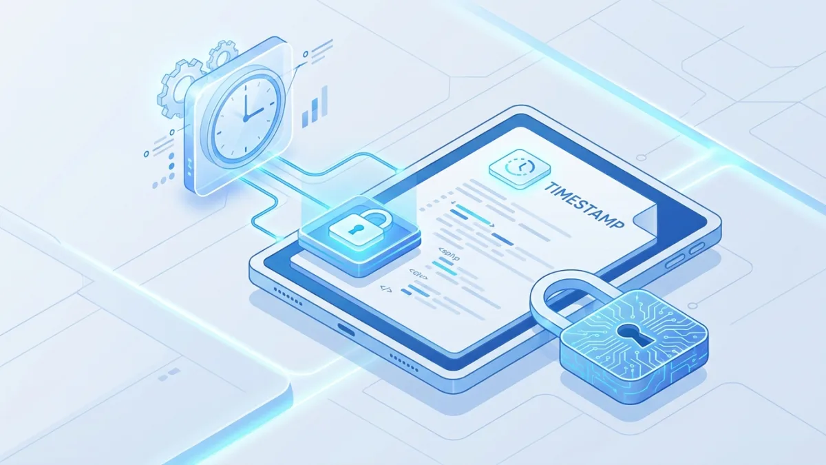digital timestamp concept with a clock, a document, and a digital lock, modern UI, blue and white colors
