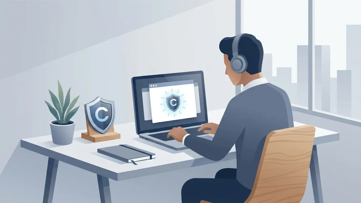 creator working on a laptop, a shield icon representing copyright protection, clean workspace