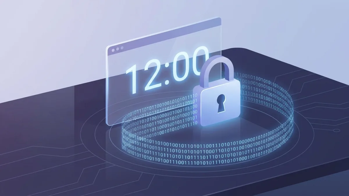 Digital clock with padlock and glowing binary code representing digital timestamping