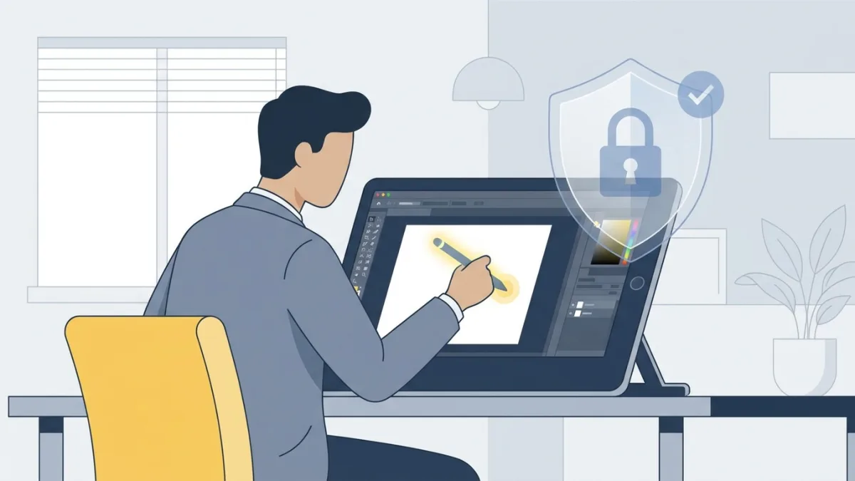 Freelance designer working on a tablet with a shield icon overlay representing copyright protection