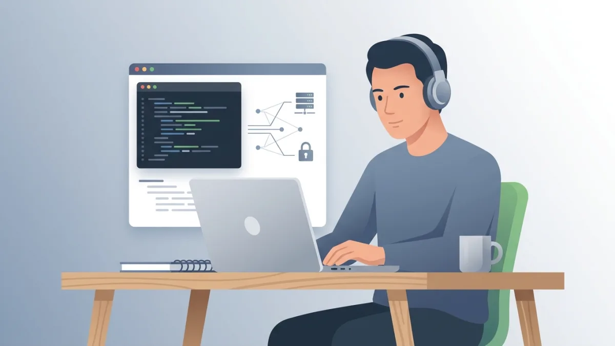 A person investigating a website source code and server details on a laptop