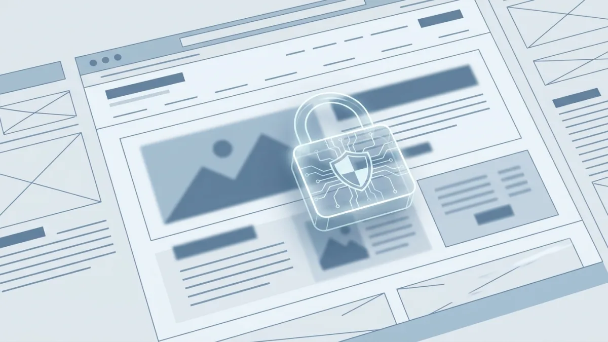 A conceptual illustration of a padlock on a website wireframe protecting digital content
