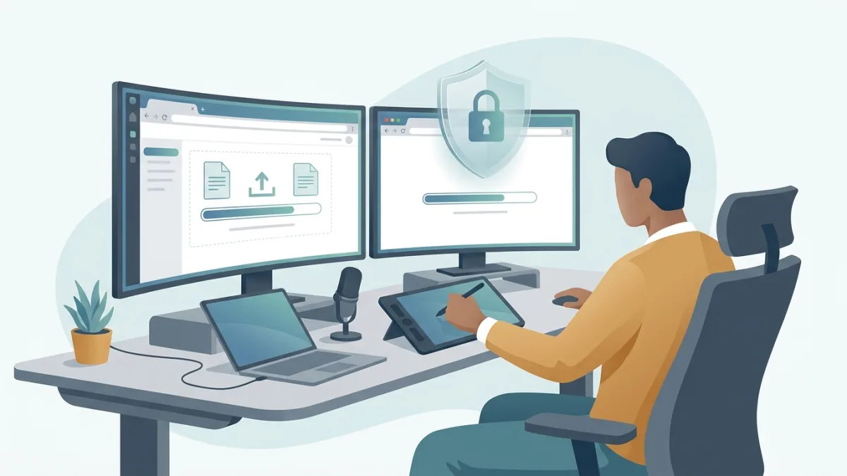 A content creator sitting at a modern desk with multiple screens, registering digital files online, with a subtle shield icon representing intellectual property protection