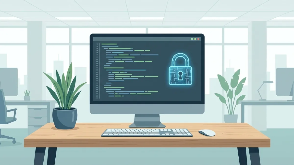 Espacio de trabajo moderno con código en pantalla y un icono de candado digital