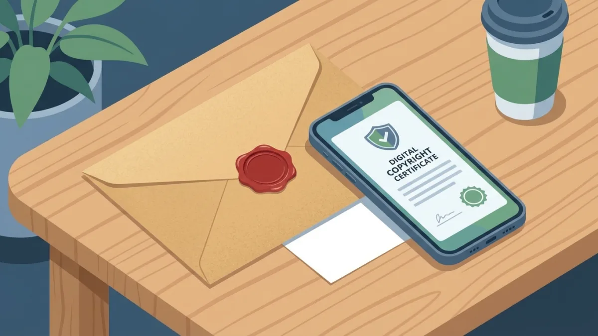 A physical sealed paper envelope resting on a wooden desk next to a modern smartphone displaying a digital copyright certificate