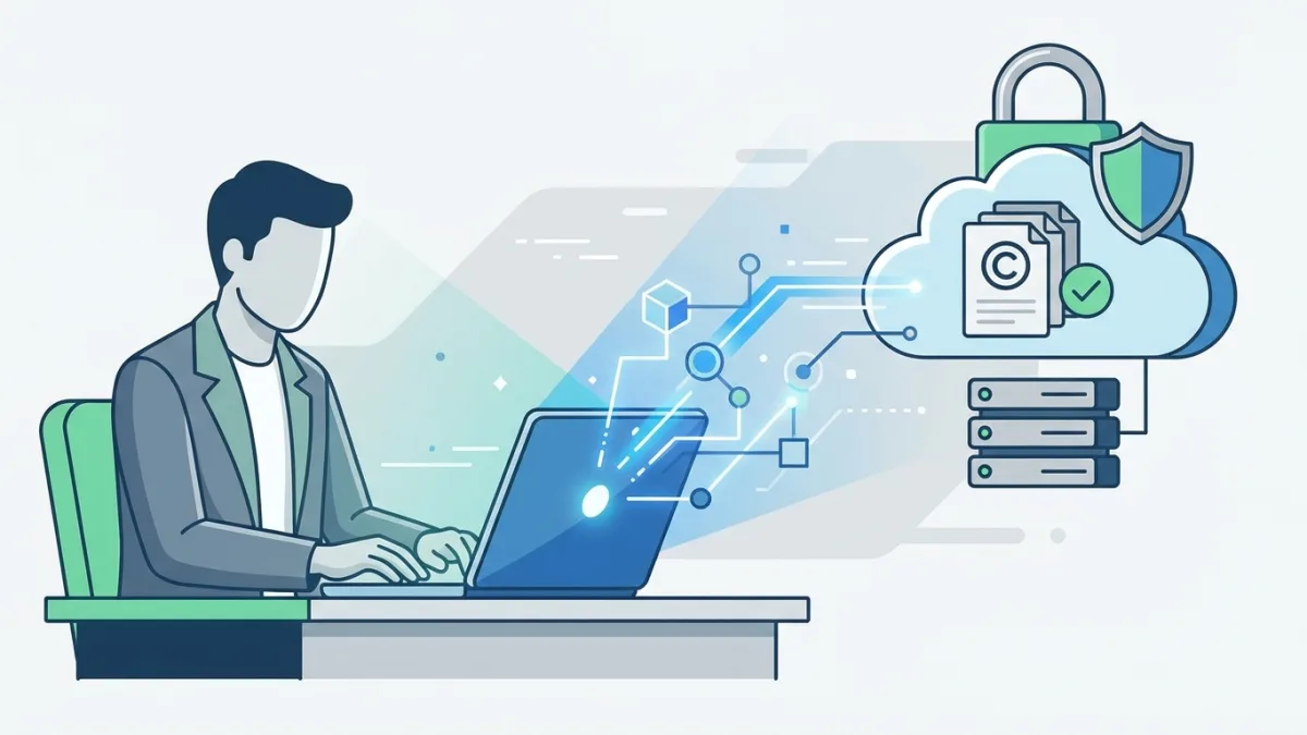A person typing on a laptop with digital nodes connecting to a secure cloud server representing modern copyright registration