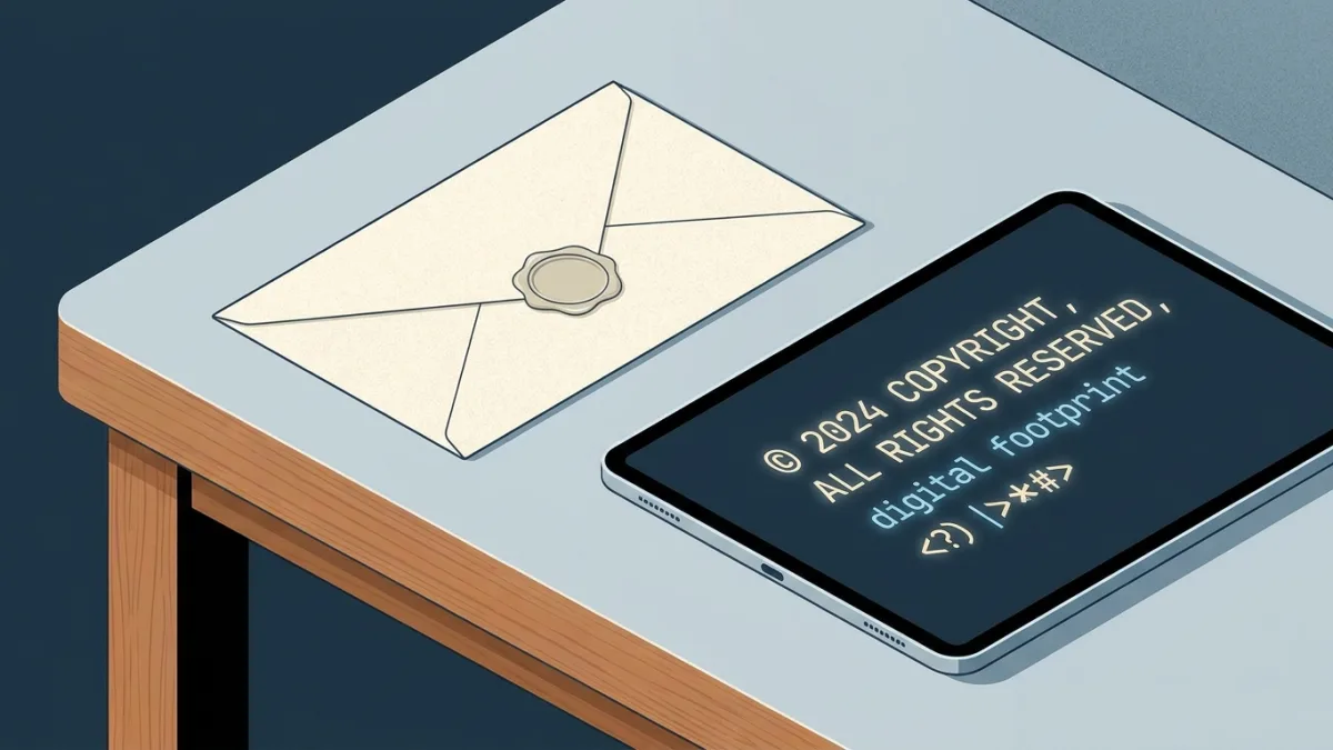 A traditional paper envelope next to a modern digital tablet displaying copyright code