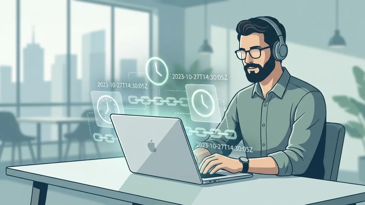 A creator working on a laptop with digital timestamping graphics overlay