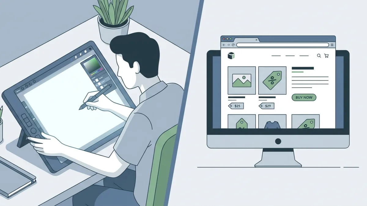 split screen showing an artist drawing on a tablet and a computer screen showing a fake e-commerce listing