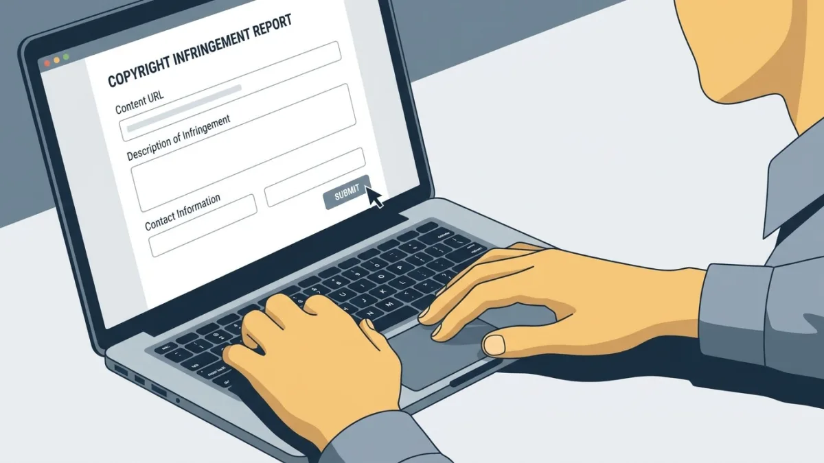 close up of a person filling out an online copyright infringement report form on a laptop