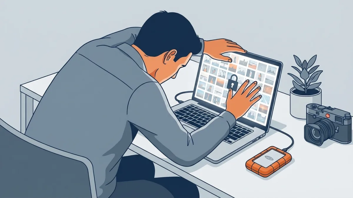 photographer protecting digital images on a laptop workspace