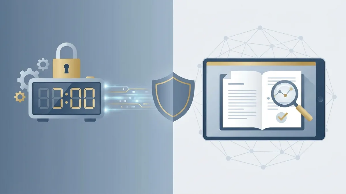 Digital timestamping process showing a secure clock and document analysis
