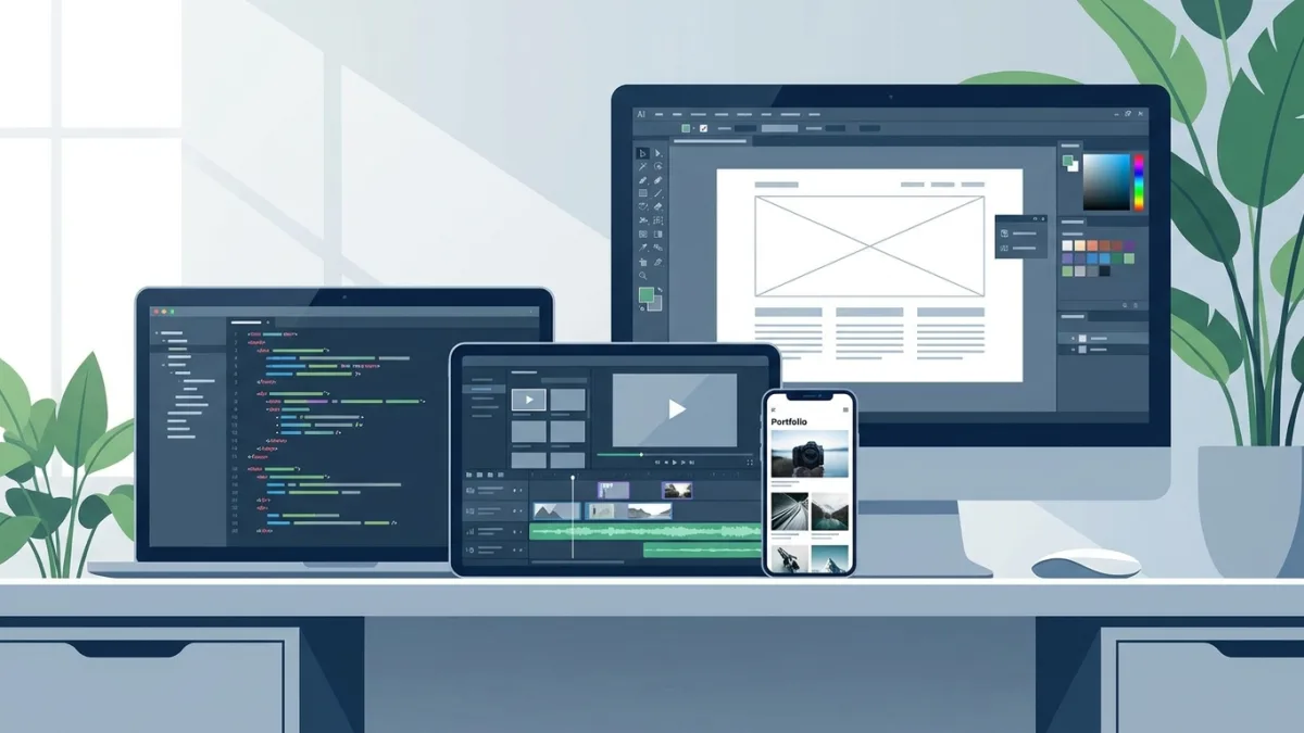 Various digital devices displaying different types of creative content like code, video, and text