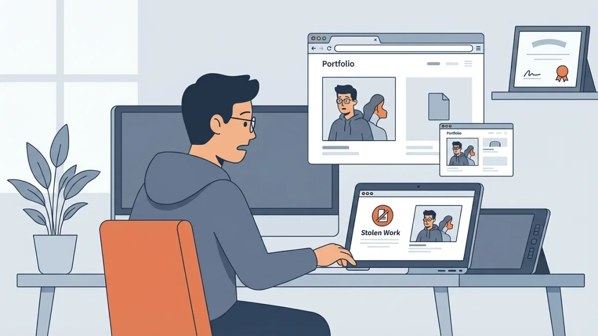 Digital artist discovering their work stolen on a laptop screen