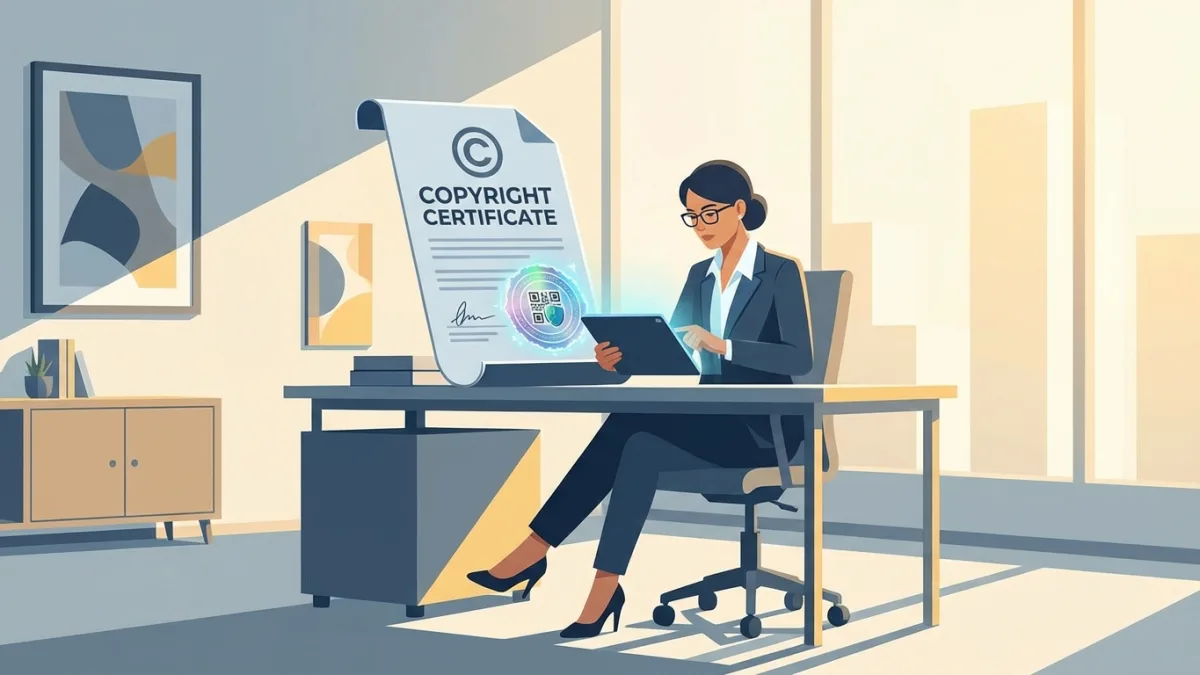Legal professional reviewing a copyright certificate with a digital seal