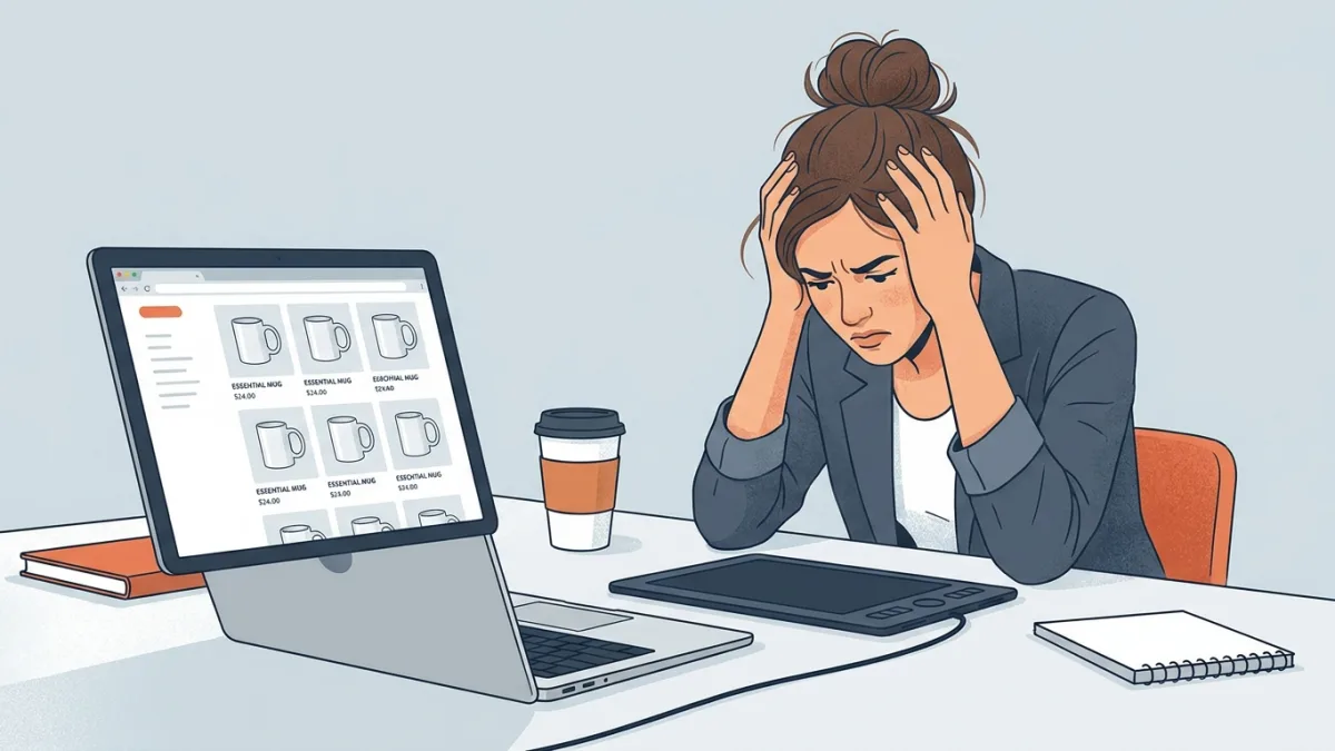 A frustrated designer looking at a laptop screen showing identical products on an e-commerce website