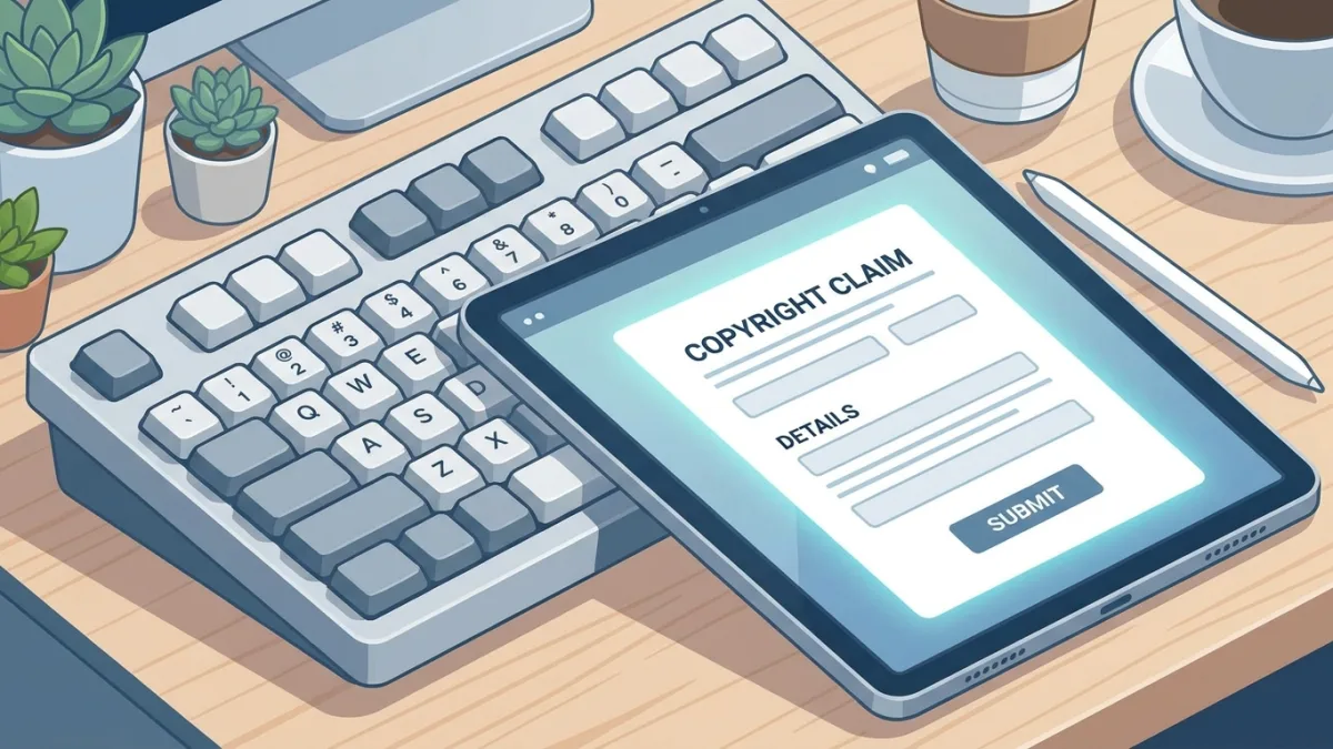 Close up of a keyboard and a digital tablet displaying a copyright claim form