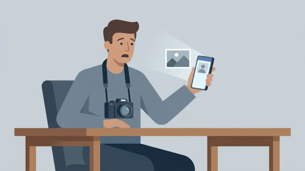 Photographer discovering their work stolen on a smartphone screen